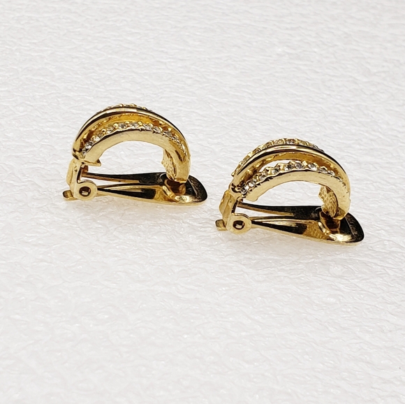 Clip On Encrusted Rhinestone Gold Hoops - Picture 3 of 7